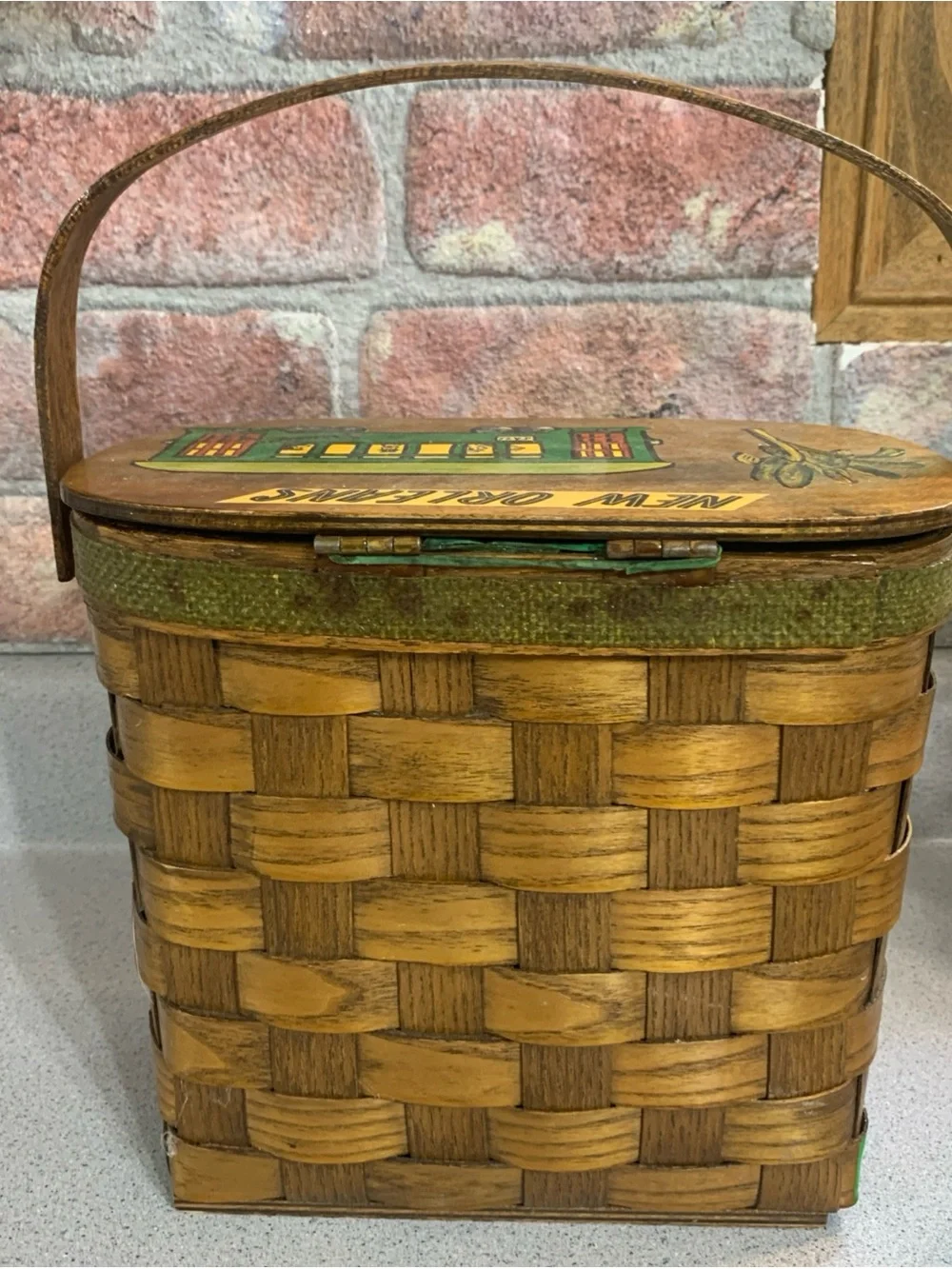 New Orleans Wicker Basket with Painted Streetcar Design - Brown & Green signed